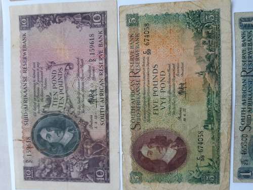 MH De Kock , South African various 1,5, 10 Poundand 10 Shillings  banknotes 1946-1957